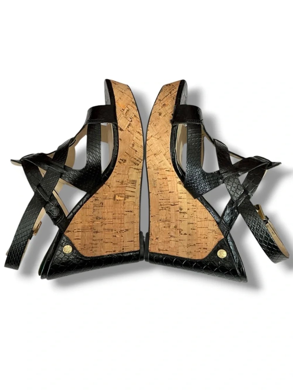 Guess Black Faux-Snakeskin Cork Wedge Sandals